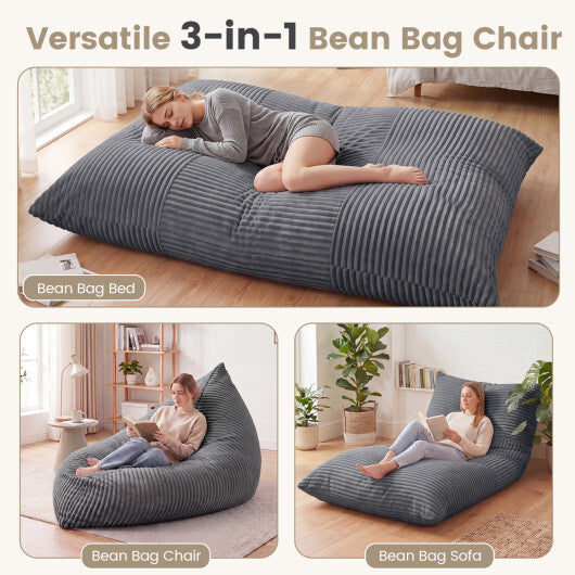 3-in-1 Large Bean Bag Chair with Comfy Corduroy Fabric-Gray W2B
