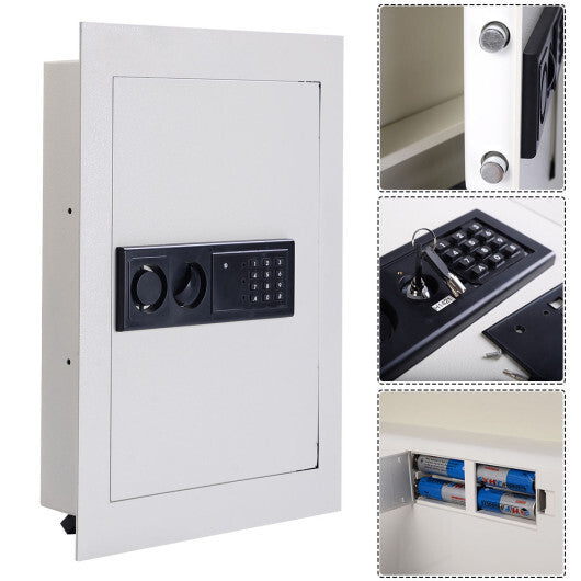 Digital Flat Recessed Wall Safe Security Lock Gun Cash Box-White W2B
