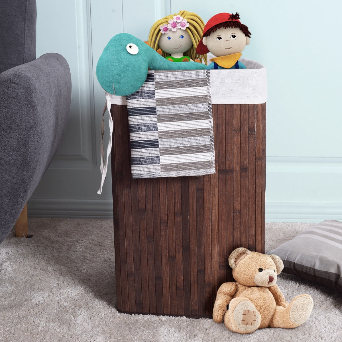 Corner Bamboo Hamper Laundry Basket-Brown - Color: Brown W2B