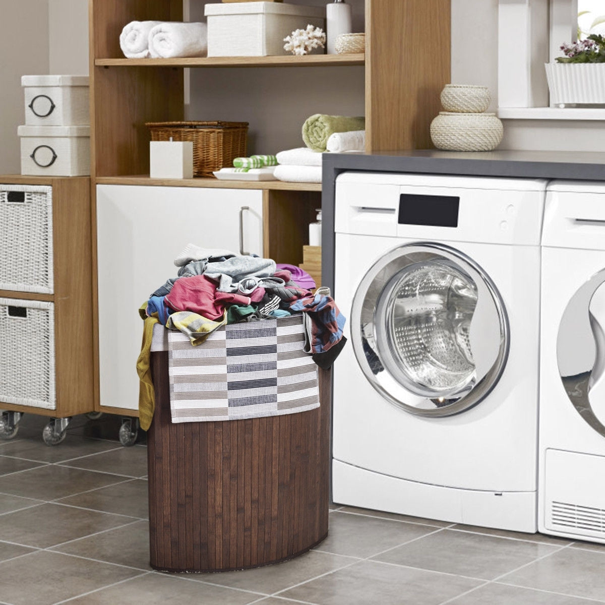 Corner Bamboo Hamper Laundry Basket-Brown - Color: Brown W2B