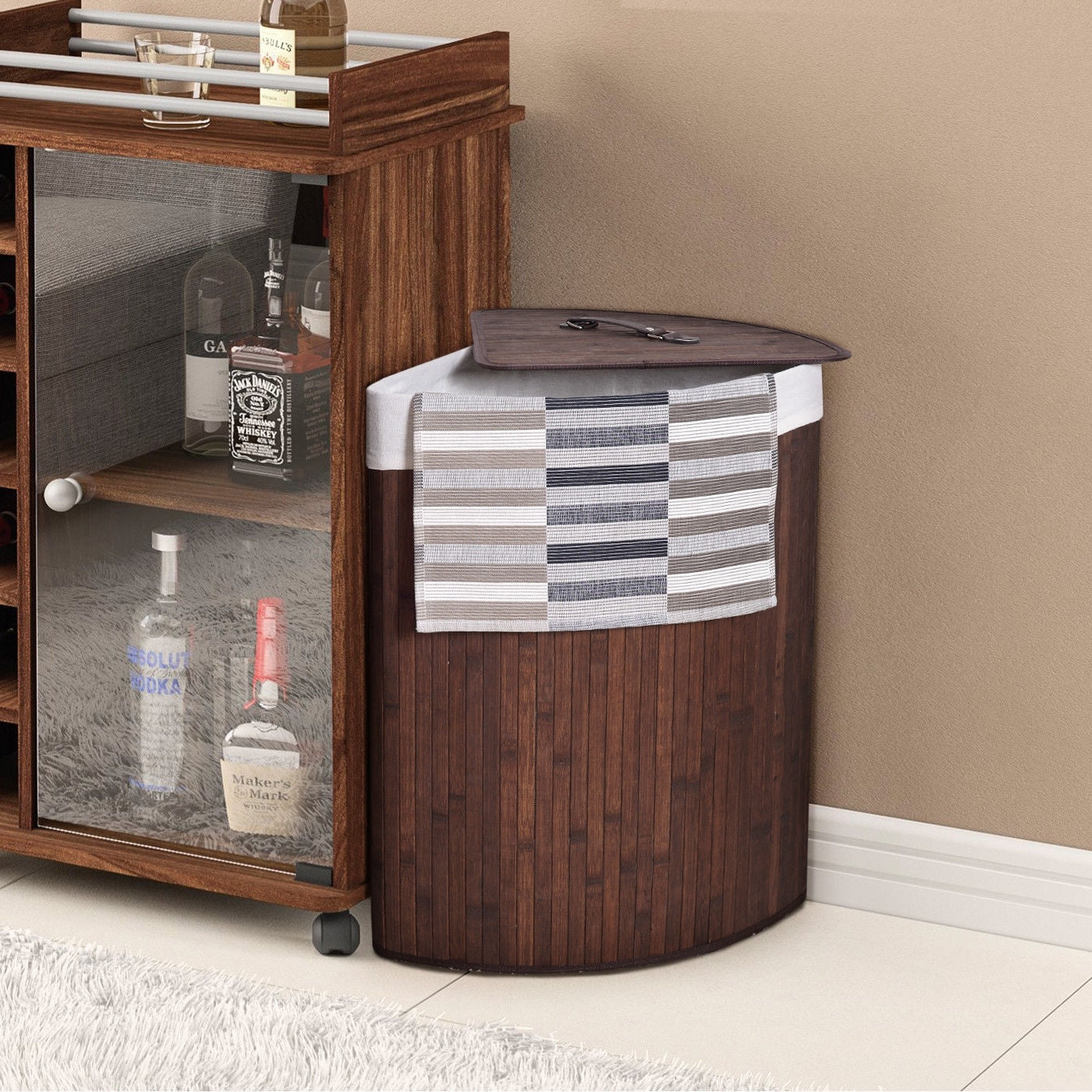 Corner Bamboo Hamper Laundry Basket-Brown - Color: Brown W2B