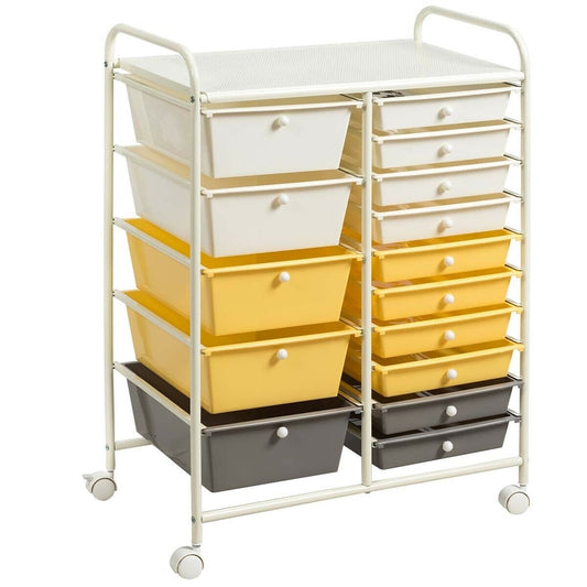 15-Drawer Storage Rolling Organizer Cart-Yellow - Color: Yellow W2B
