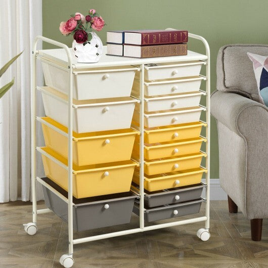 15-Drawer Storage Rolling Organizer Cart-Yellow - Color: Yellow W2B