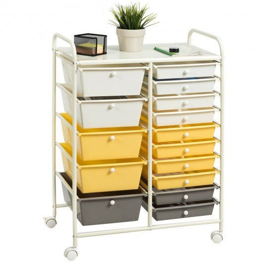 15-Drawer Storage Rolling Organizer Cart-Yellow - Color: Yellow W2B