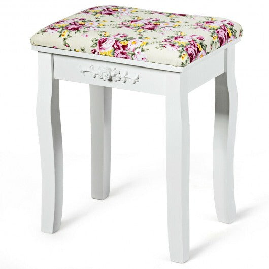 Vanity Wood Dressing Stool Padded Piano Seat with Rose Cushion-White W2B