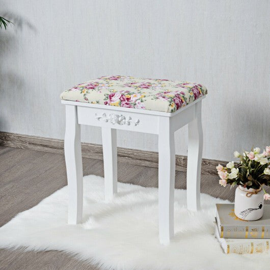 Vanity Wood Dressing Stool Padded Piano Seat with Rose Cushion-White W2B