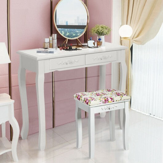 Vanity Wood Dressing Stool Padded Piano Seat with Rose Cushion-White W2B