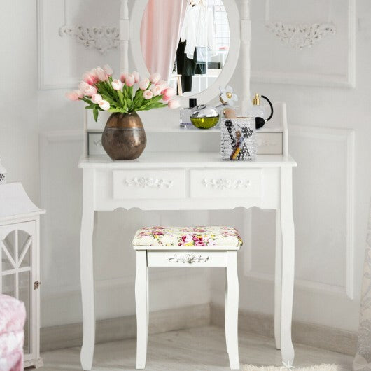 Vanity Wood Dressing Stool Padded Piano Seat with Rose Cushion-White W2B