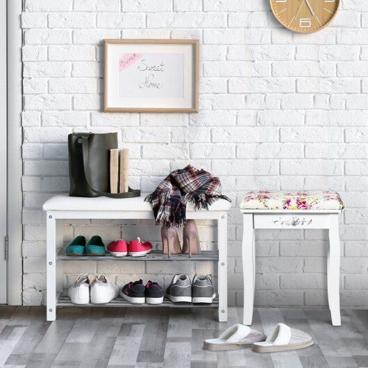 Vanity Wood Dressing Stool Padded Piano Seat with Rose Cushion-White W2B