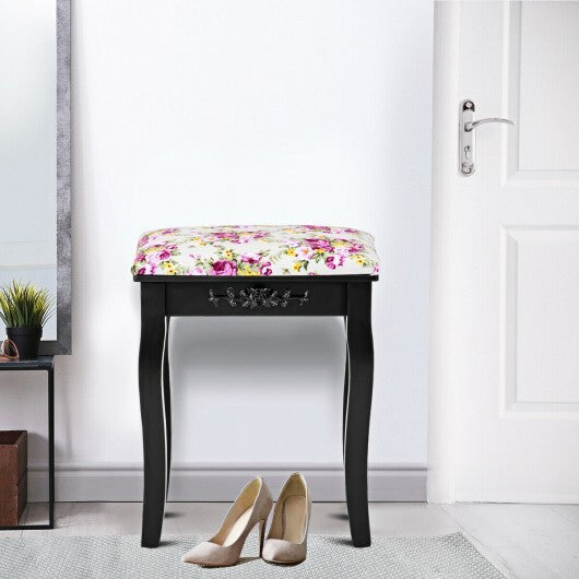 Vanity Wood Dressing Stool Padded Piano Seat with Rose Cushion-White W2B