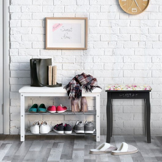 Vanity Wood Dressing Stool Padded Piano Seat with Rose Cushion-White W2B