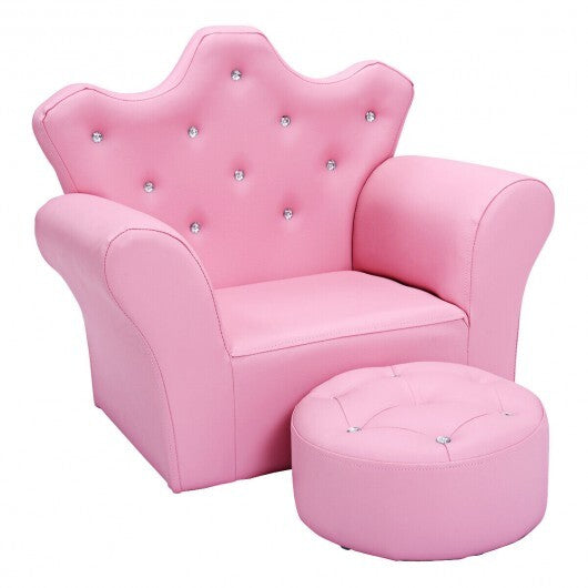 Pink Kids Sofa Armrest Couch with Ottoman-Pink W2B