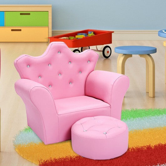 Pink Kids Sofa Armrest Couch with Ottoman-Pink W2B