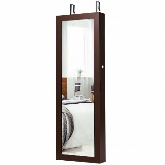 Lockable Wall Mount Mirrored Jewelry Cabinet with LED Lights-White W2B