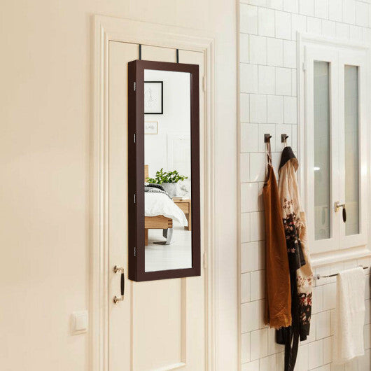 Lockable Wall Mount Mirrored Jewelry Cabinet with LED Lights-White W2B
