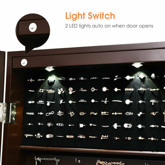 Lockable Wall Mount Mirrored Jewelry Cabinet with LED Lights-White W2B