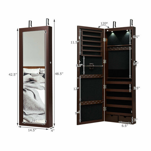 Lockable Wall Mount Mirrored Jewelry Cabinet with LED Lights-White W2B