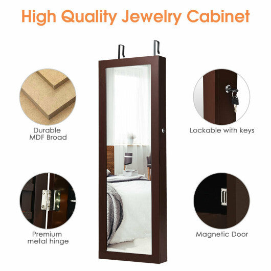 Lockable Wall Mount Mirrored Jewelry Cabinet with LED Lights-White W2B