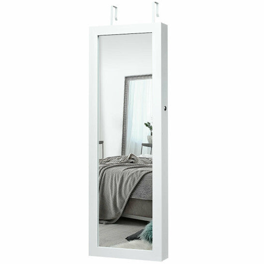 Lockable Wall Mount Mirrored Jewelry Cabinet with LED Lights-White W2B