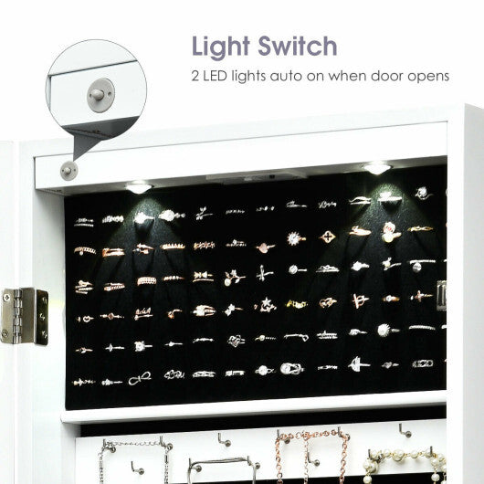 Lockable Wall Mount Mirrored Jewelry Cabinet with LED Lights-White W2B