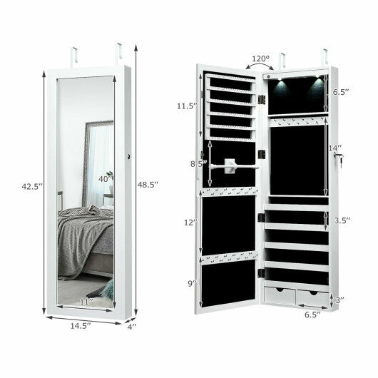 Lockable Wall Mount Mirrored Jewelry Cabinet with LED Lights-White W2B