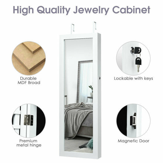 Lockable Wall Mount Mirrored Jewelry Cabinet with LED Lights-White W2B
