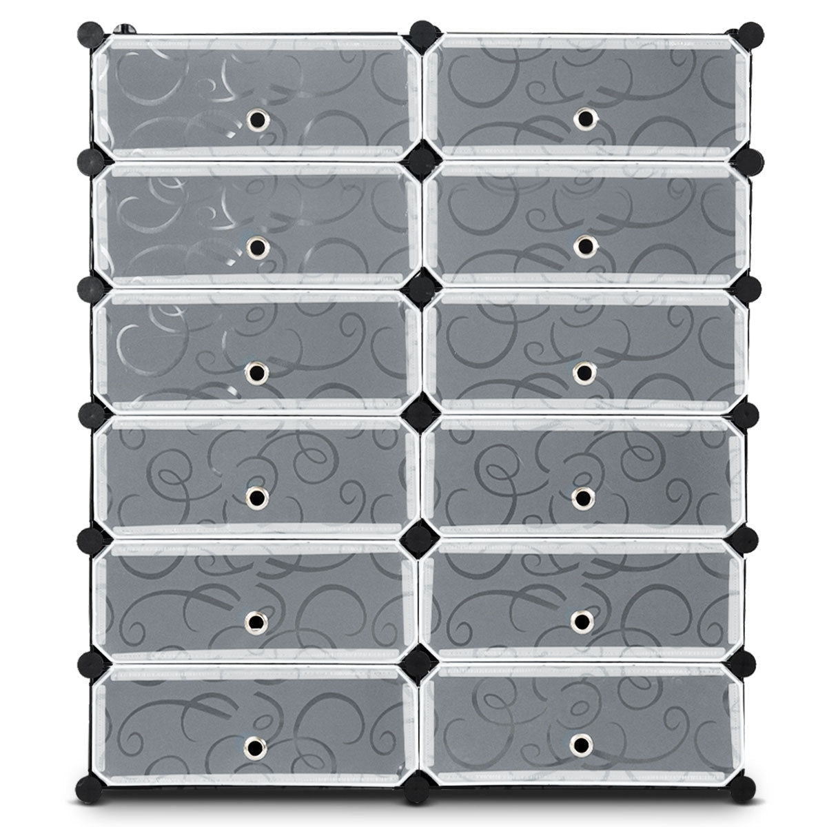 12-Cube DIY Portable Plastic Shoe Rack with Transparent Doors-Black - Color: Black W2B