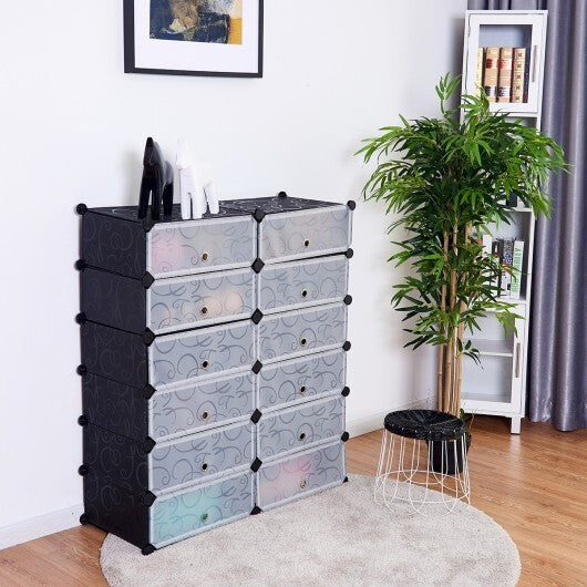 12-Cube DIY Portable Plastic Shoe Rack with Transparent Doors-Black - Color: Black W2B