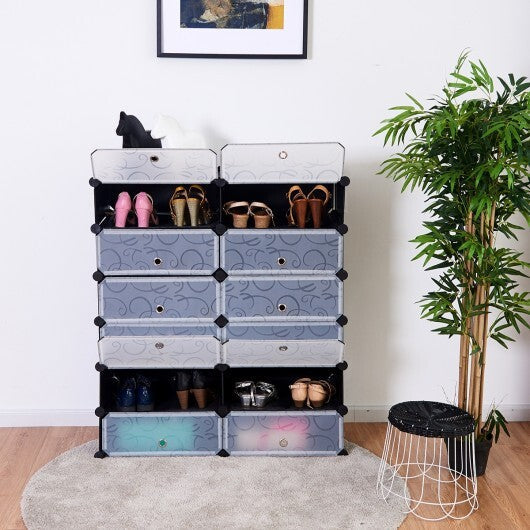 12-Cube DIY Portable Plastic Shoe Rack with Transparent Doors-Black - Color: Black W2B