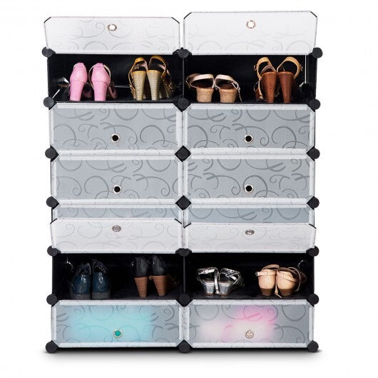 12-Cube DIY Portable Plastic Shoe Rack with Transparent Doors-Black - Color: Black W2B