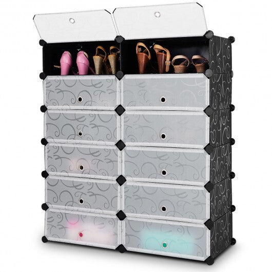 12-Cube DIY Portable Plastic Shoe Rack with Transparent Doors-Black - Color: Black W2B