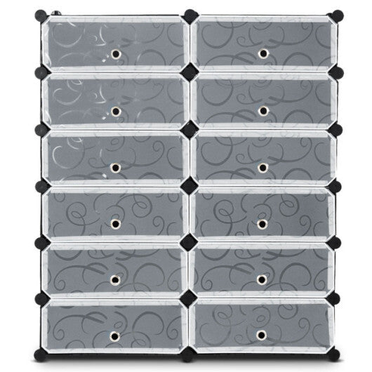 12-Cube DIY Portable Plastic Shoe Rack with Transparent Doors-Black W2B