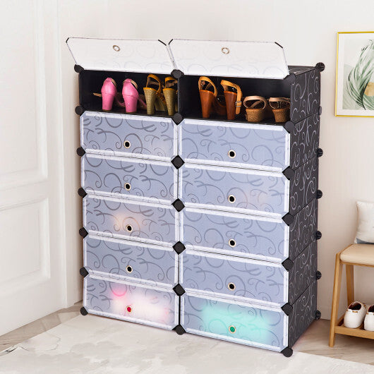 12-Cube DIY Portable Plastic Shoe Rack with Transparent Doors-Black W2B