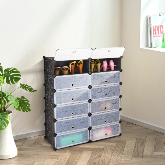 12-Cube DIY Portable Plastic Shoe Rack with Transparent Doors-Black W2B