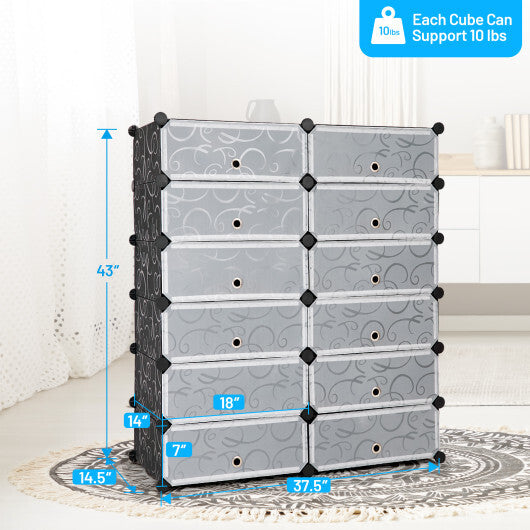 12-Cube DIY Portable Plastic Shoe Rack with Transparent Doors-Black W2B