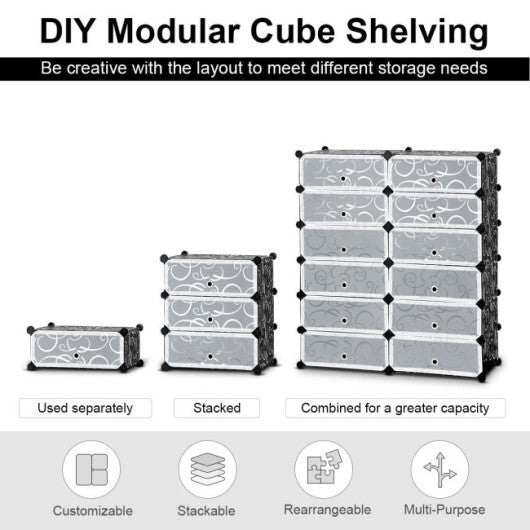 12-Cube DIY Portable Plastic Shoe Rack with Transparent Doors-Black W2B