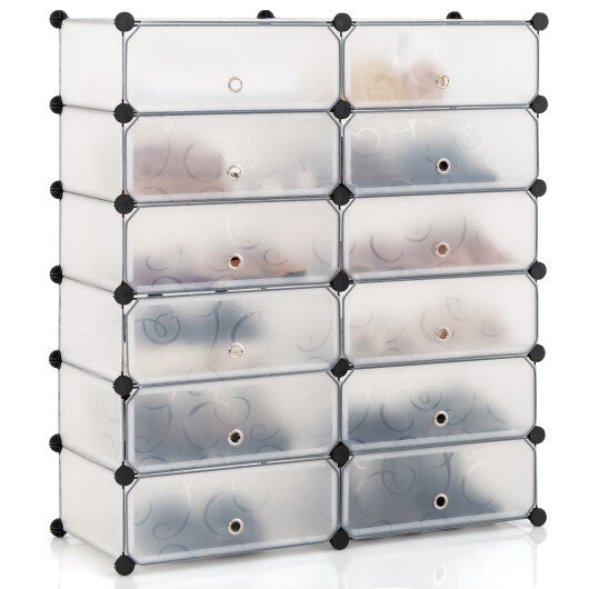 12-Cube DIY Portable Plastic Shoe Rack with Transparent Doors-Black W2B