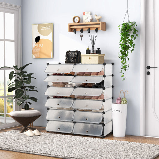 12-Cube DIY Portable Plastic Shoe Rack with Transparent Doors-Black W2B