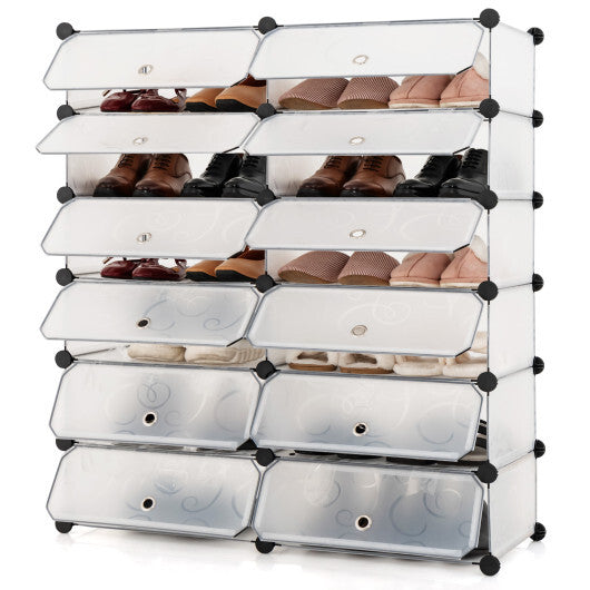 12-Cube DIY Portable Plastic Shoe Rack with Transparent Doors-Black W2B