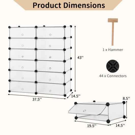 12-Cube DIY Portable Plastic Shoe Rack with Transparent Doors-Black W2B