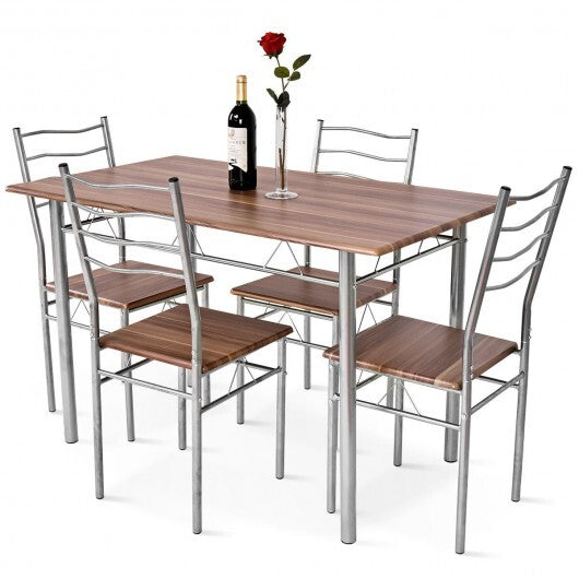 5 Pieces Wood Metal Dining Table Set with 4 Chairs-Natural