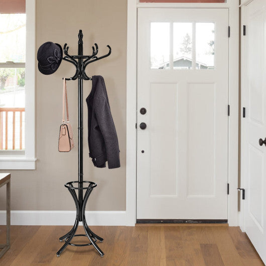 Wood Standing Hat Coat Rack with Umbrella Stand-Brown W2B