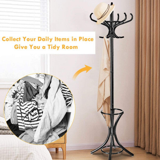 Wood Standing Hat Coat Rack with Umbrella Stand-Brown W2B