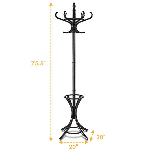 Wood Standing Hat Coat Rack with Umbrella Stand-Brown W2B