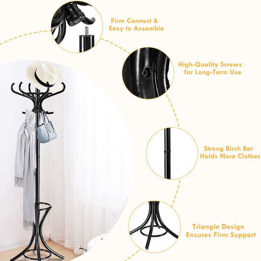 Wood Standing Hat Coat Rack with Umbrella Stand-Brown W2B