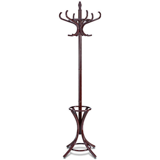 Wood Standing Hat Coat Rack with Umbrella Stand-Brown W2B