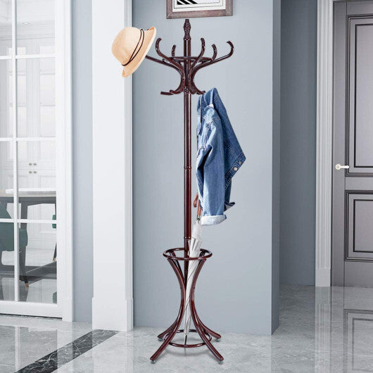 Wood Standing Hat Coat Rack with Umbrella Stand-Brown W2B