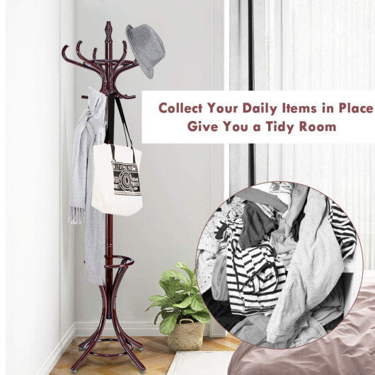 Wood Standing Hat Coat Rack with Umbrella Stand-Brown W2B