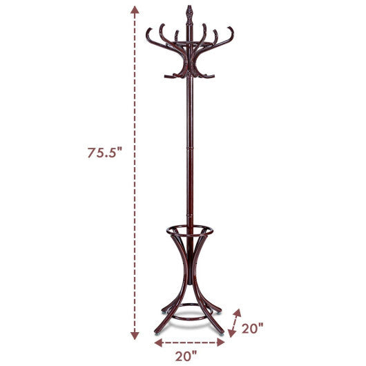 Wood Standing Hat Coat Rack with Umbrella Stand-Brown W2B