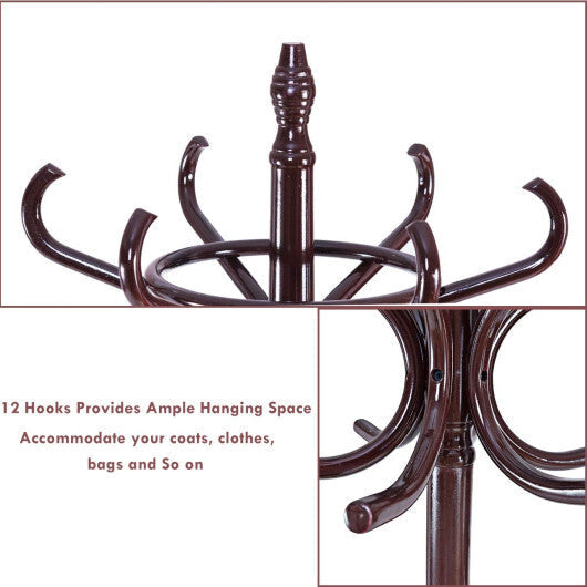 Wood Standing Hat Coat Rack with Umbrella Stand-Brown W2B